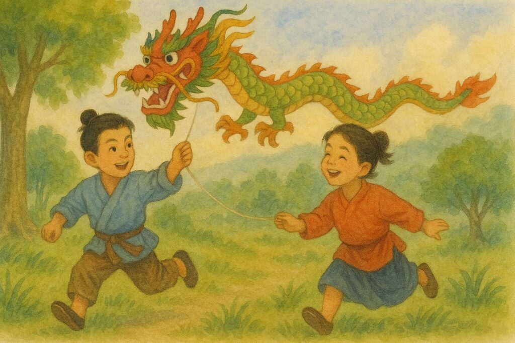 enfants_cerf_volant_dragon_aquarelle