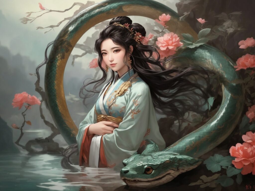 Nüwa, en chinois 女娲 (nǚ wā), était la sœur et l’épouse de Fuxi.