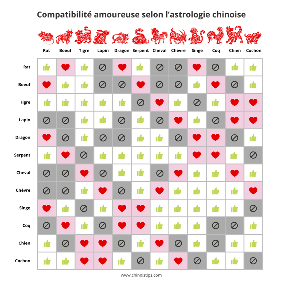 Compatibilités amoureuses des signes chinois selon l'astrologie